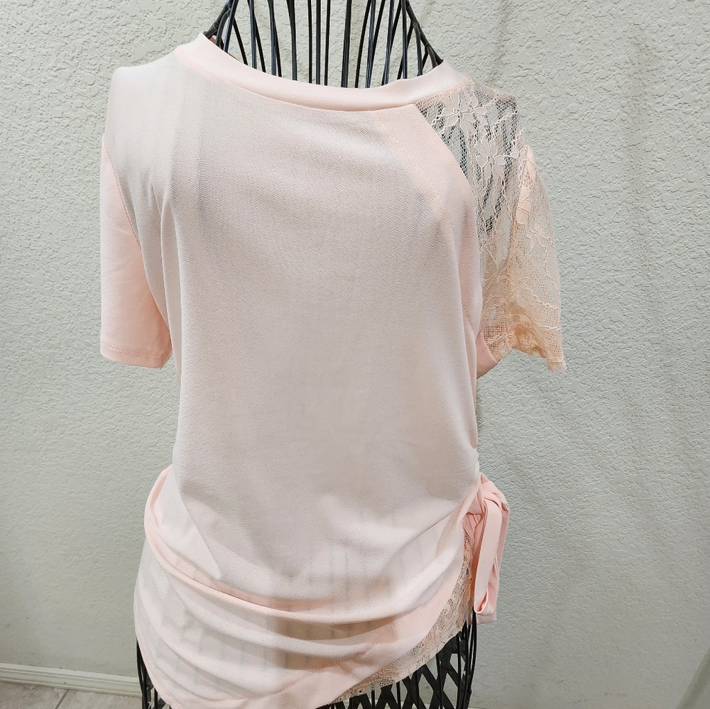 Floral Sleeve Lace Trim Top, peach color, size S